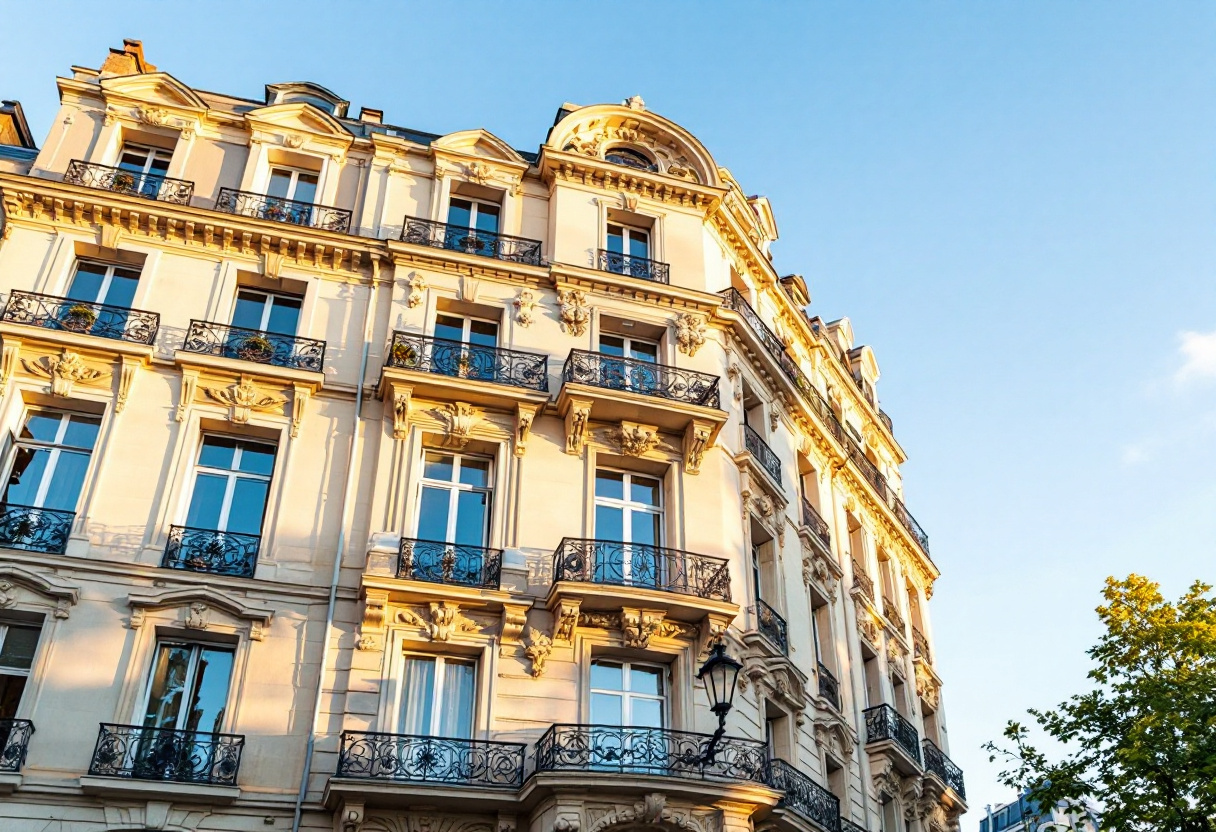 Façade d'un élégant immeuble haussmannien parisien avec balcons en fer forgé