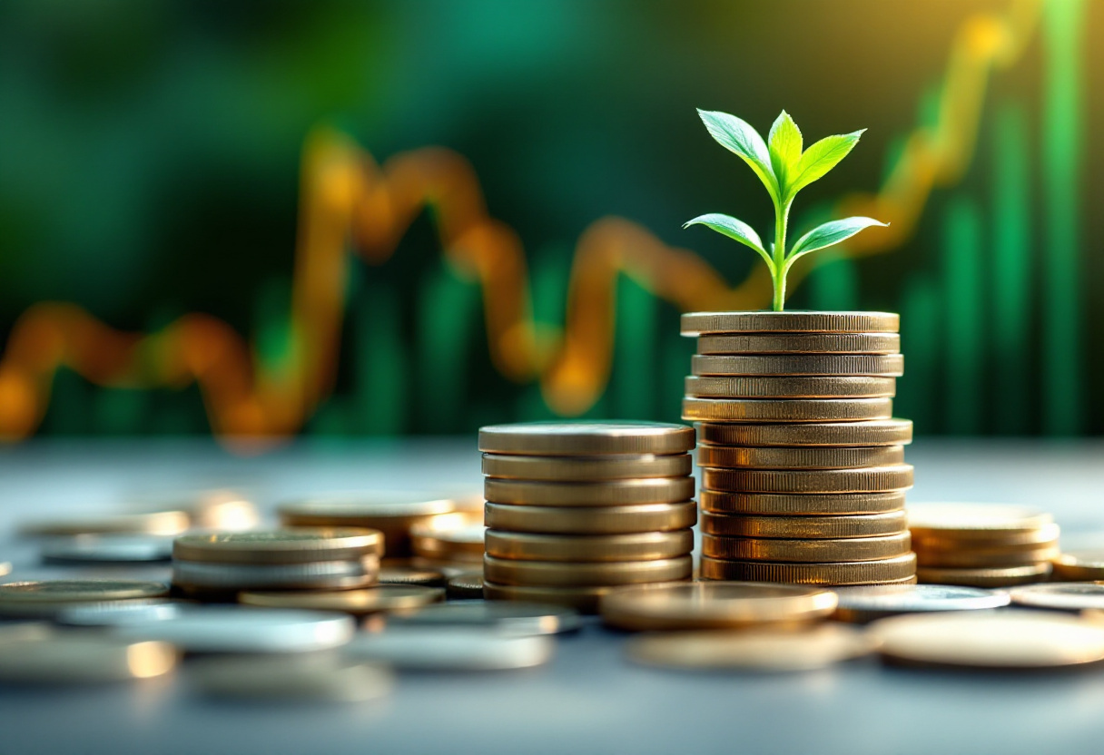 Pièces de monnaie empilées avec une jeune pousse verte, symbole d'une épargne et d'un investissement qui fructifient
