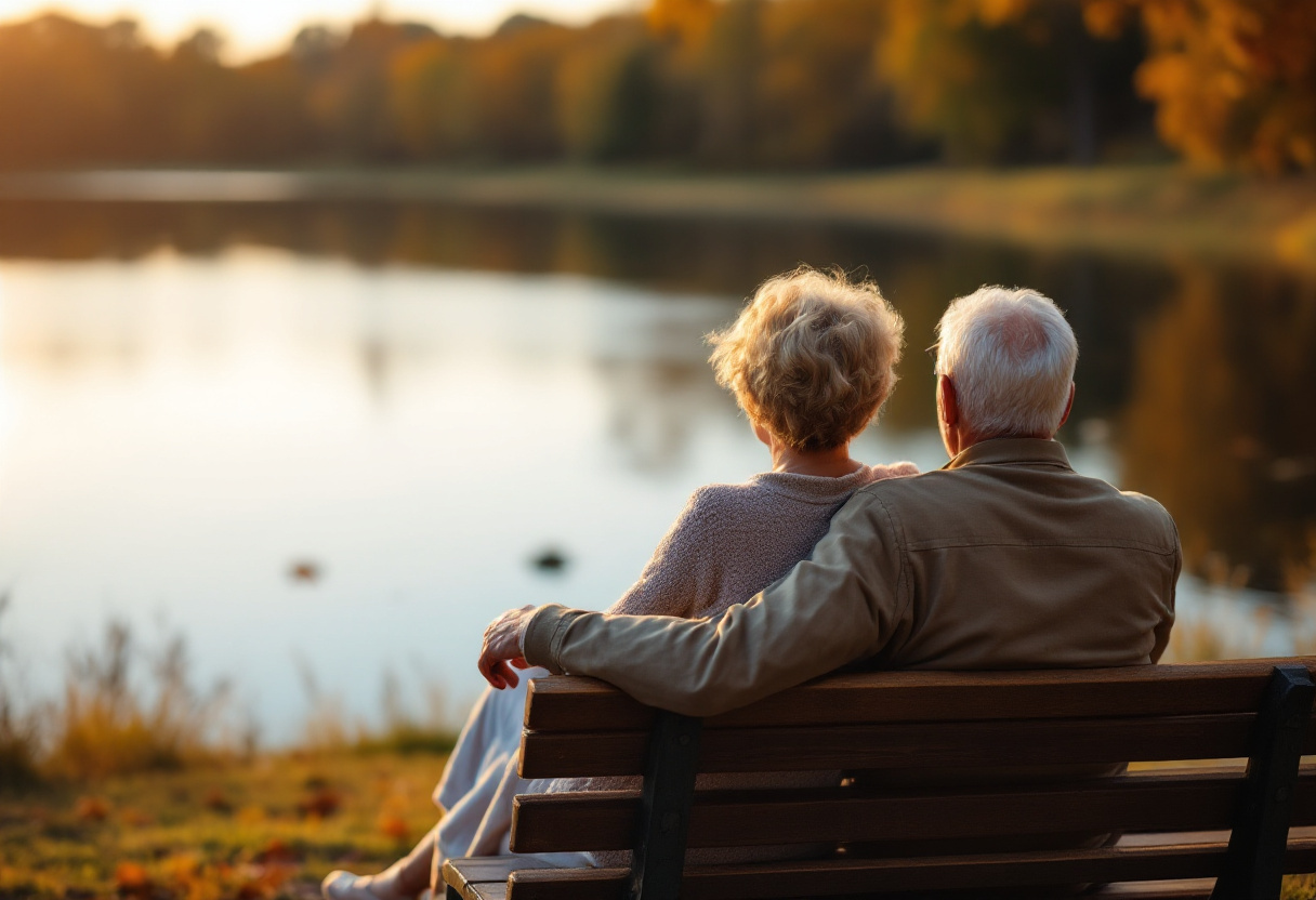 Couple de retraités assis sur un banc face à un lac à la lumière dorée, sérénité de la retraite