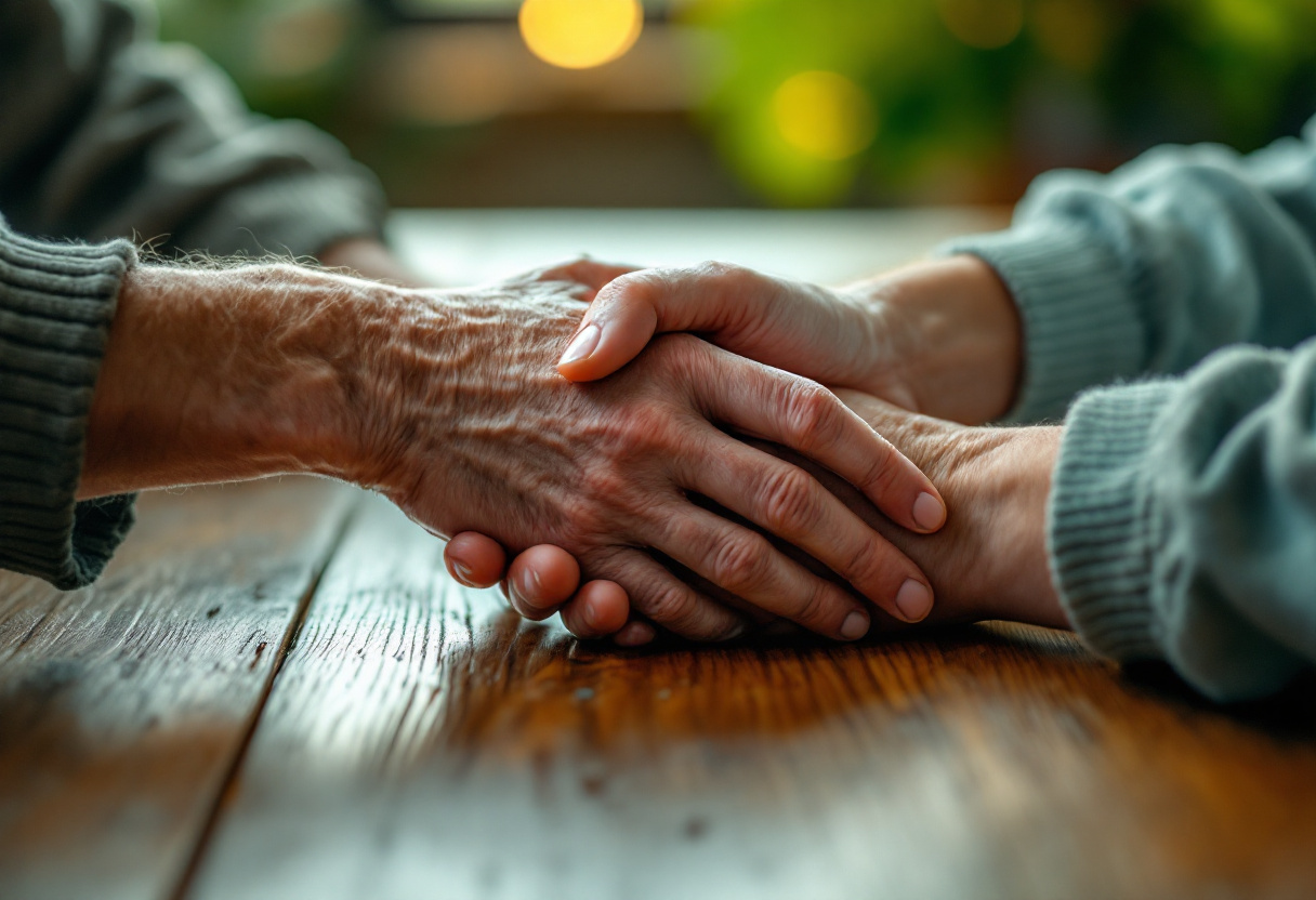 Mains d'une personne âgée tenant celles d'un adulte plus jeune, symbole de la transmission d'un patrimoine familial